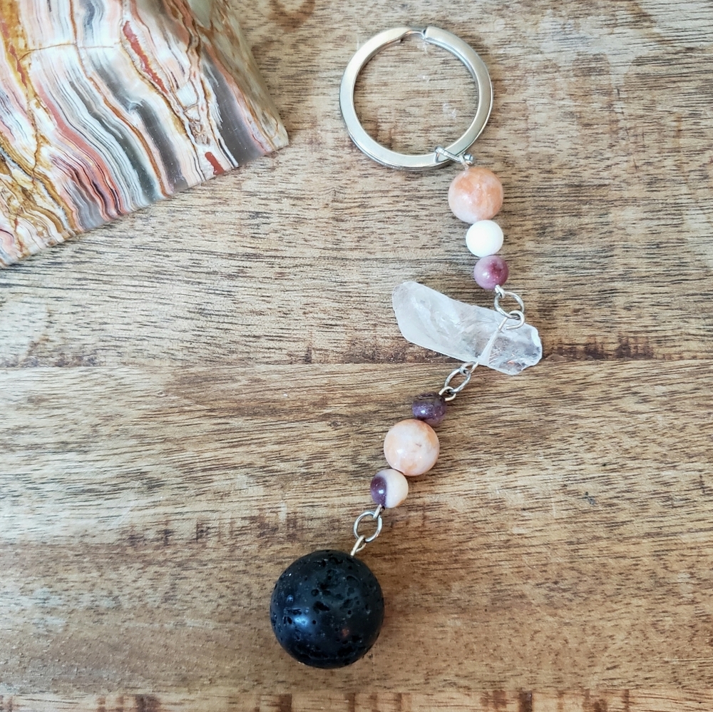 Quartz Crystal + Lava Rock Keychain